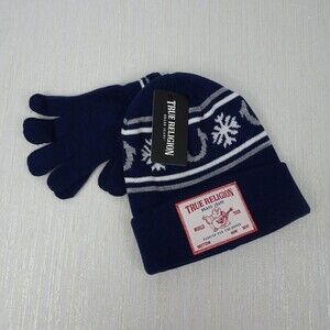 TRUE RELIGION Kid's Beanie & Gloves 2-PC Set Logo Buddha Navy Boys Girls Unisex
